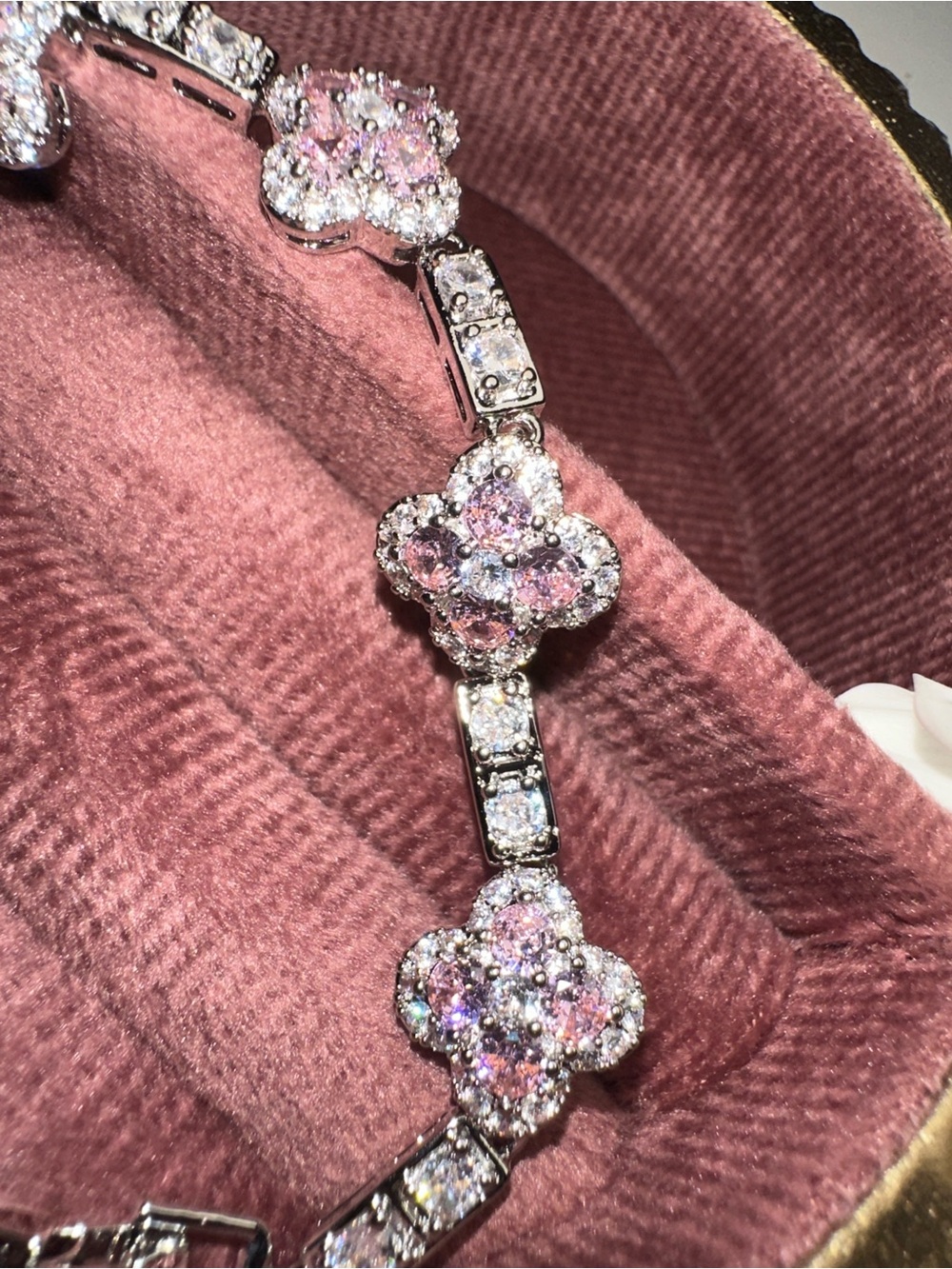 Sparkling Pink Clover Crystal Floral Tennis Bracelet - Picture 4 of 6